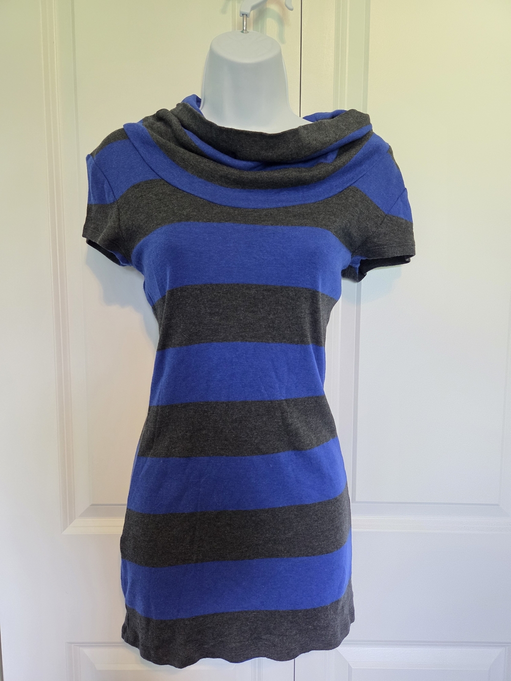 Express Blue and Charcoal Striped Cowl Neck Sweater